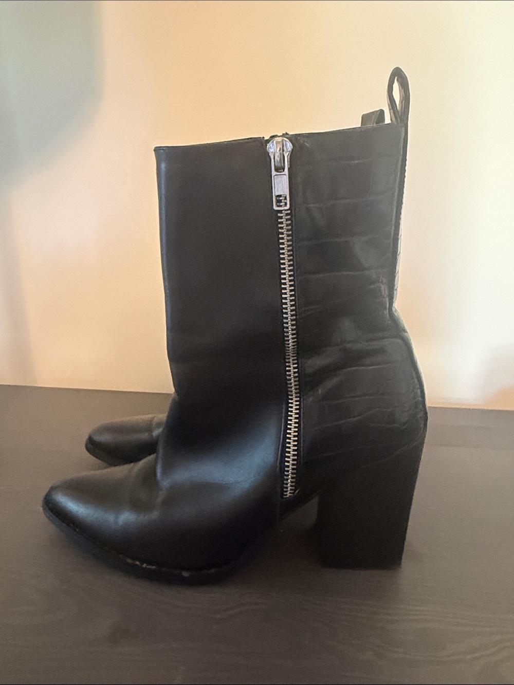 Steve Madden REEGAN Black Croc Side-Zip Block Heel Ankle Boots